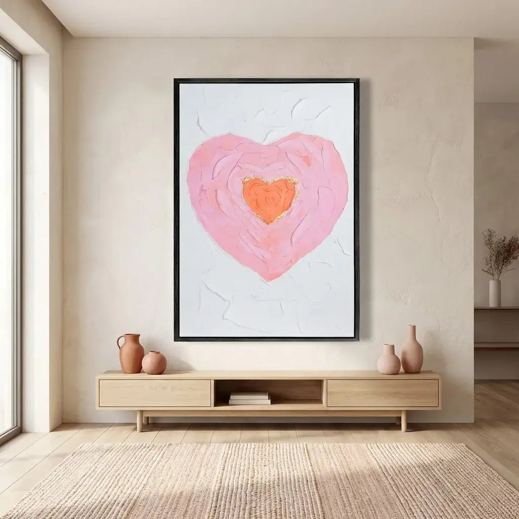 Heart-shaped artwork in a modern living room setting
