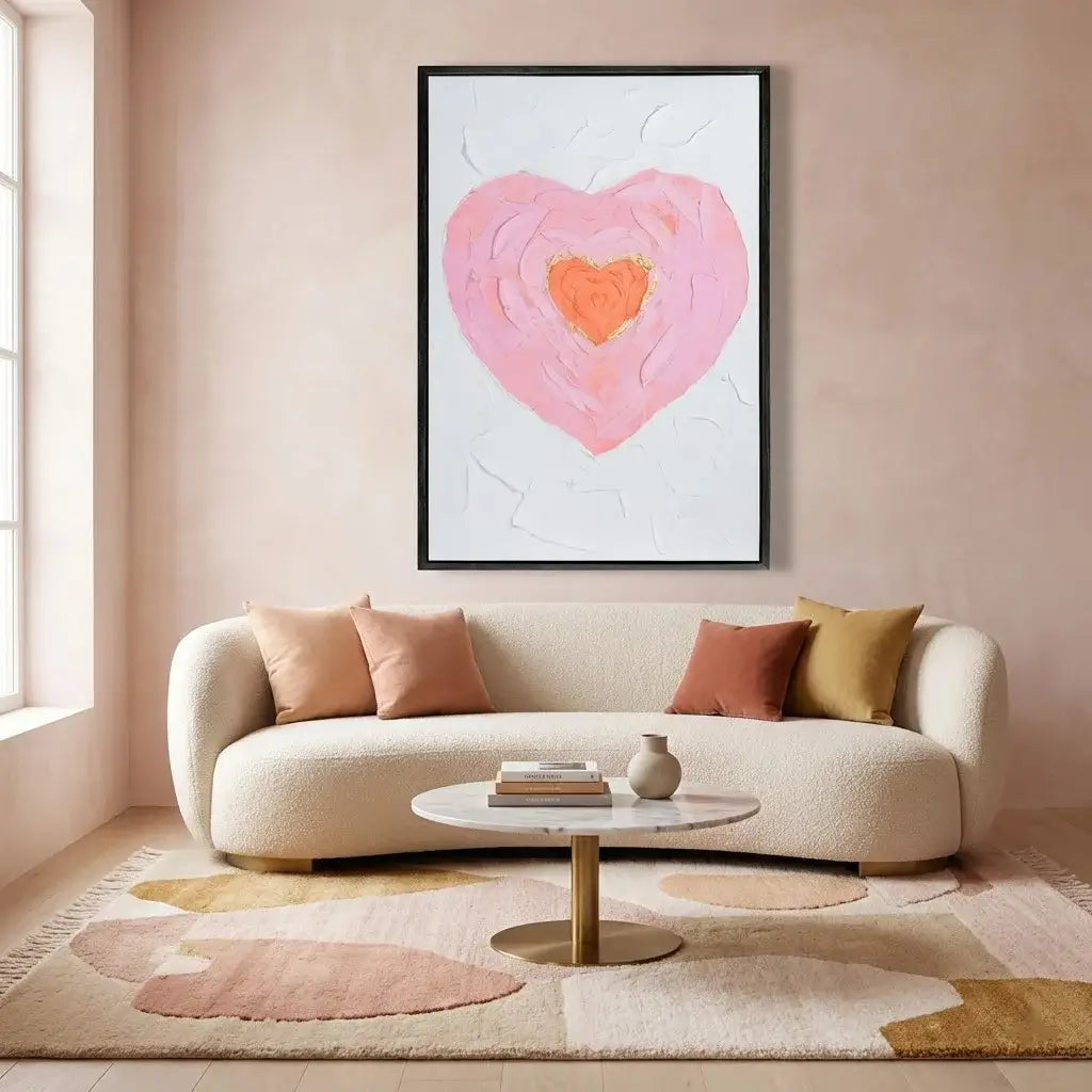 Living room with a beige sofa, round coffee table, and a heart-shaped artwork on the wall.