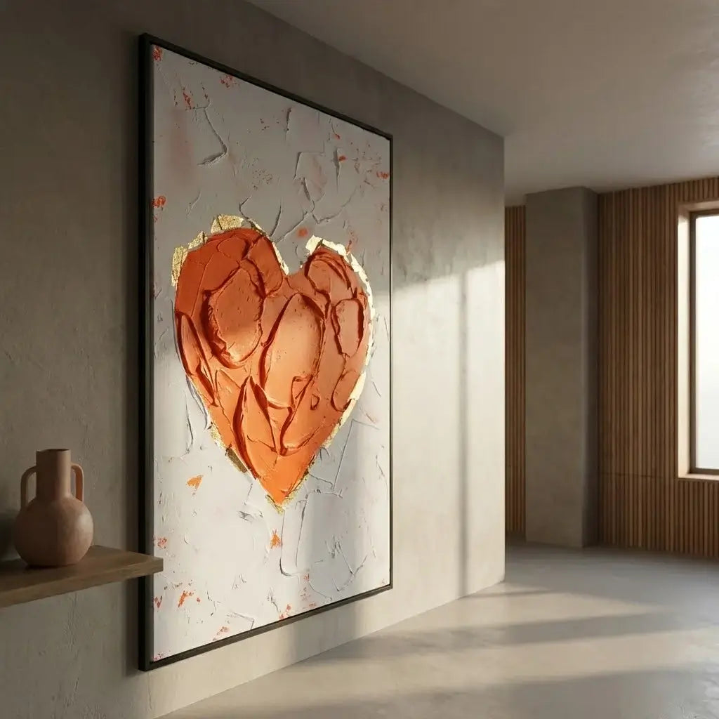 Abstract heart-shaped artwork on a wall in a modern room