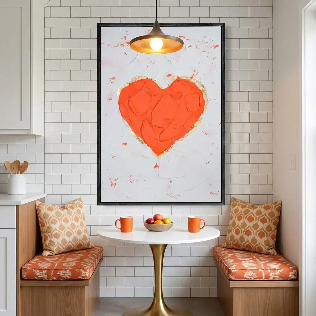 Nook with wooden bench, small table, and decorative heart artwork on a tiled wall.