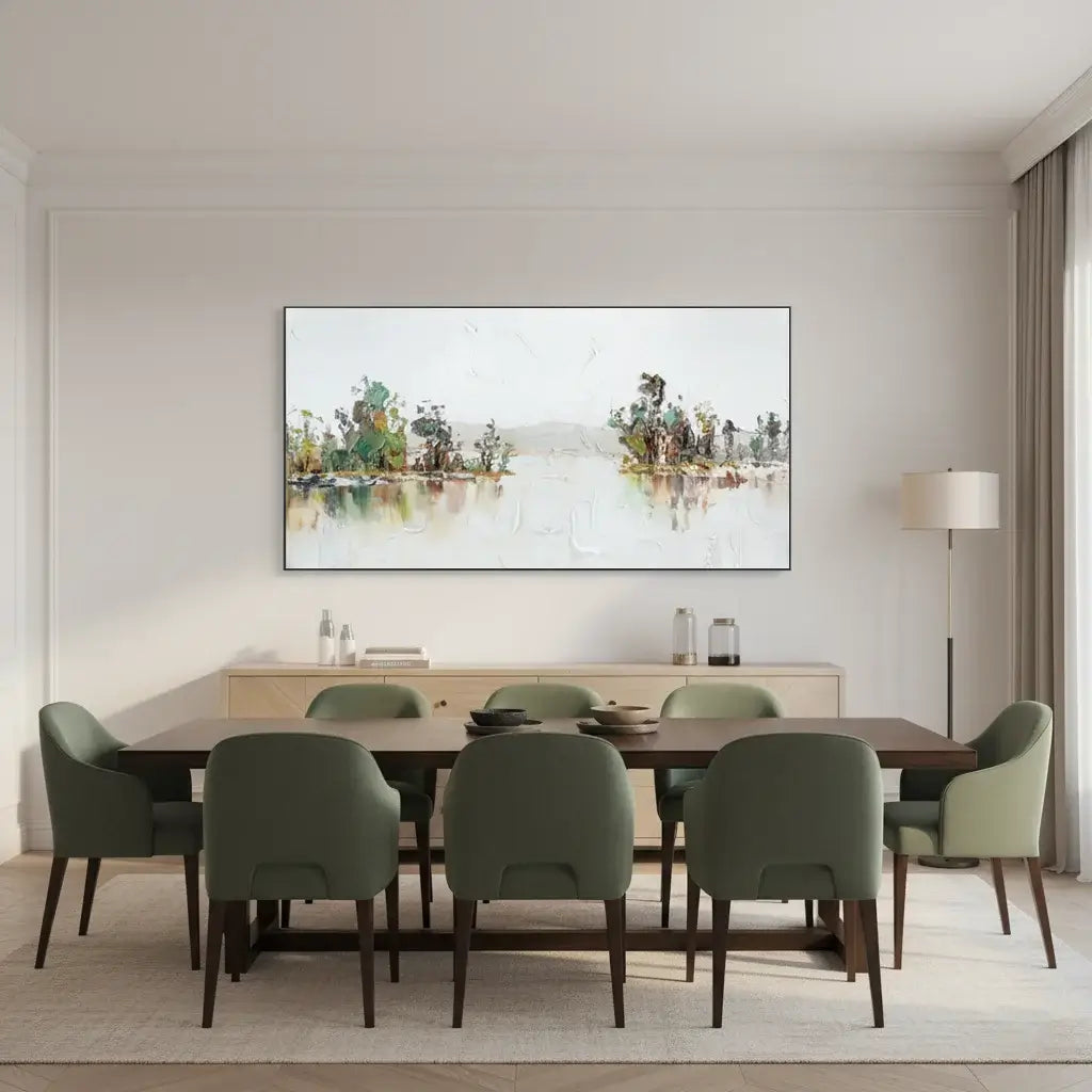 Modern dining room with a large landscape oil painting on the wall, a wooden table, and green chairs.