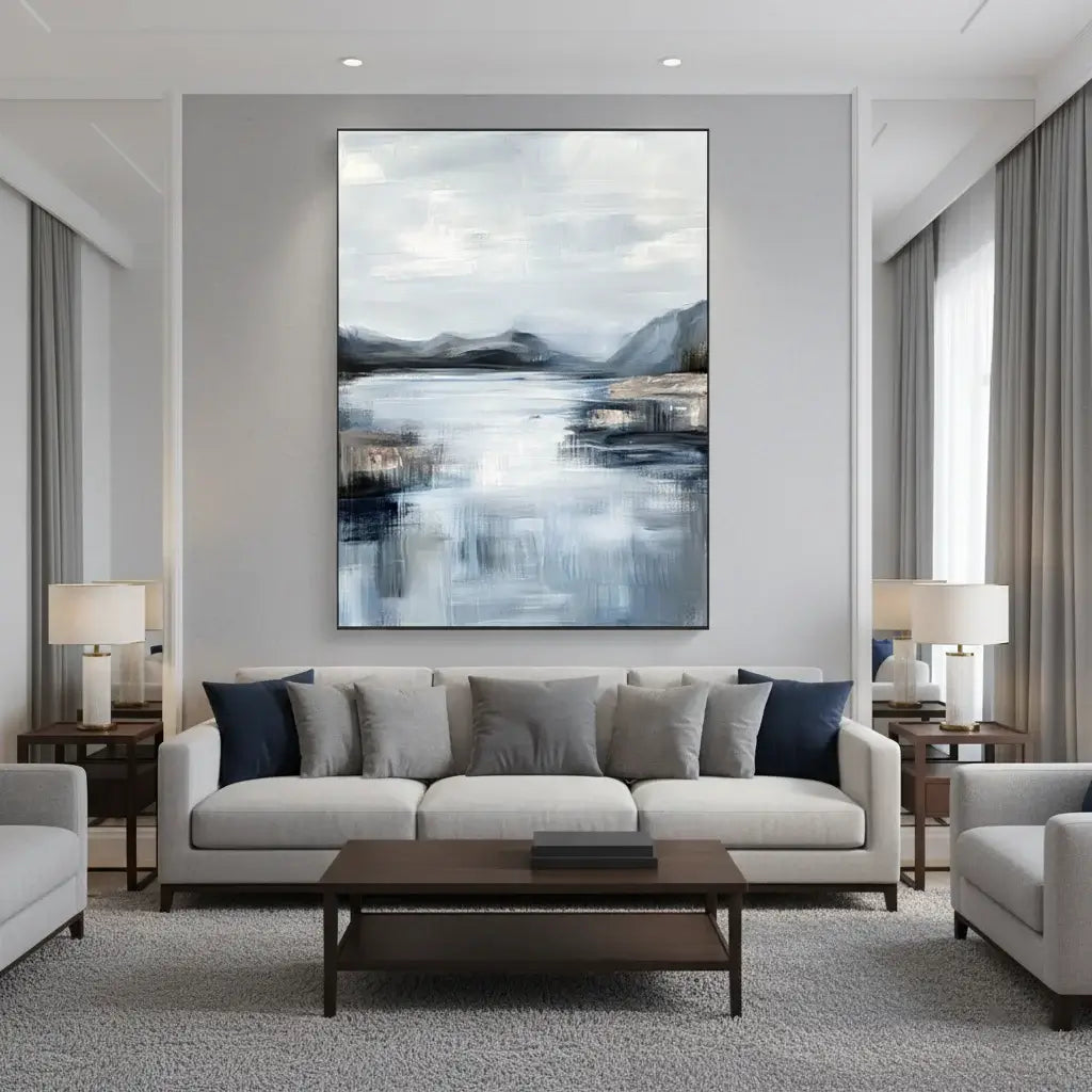 Modern living room with a large abstract painting on the wall above a sofa.