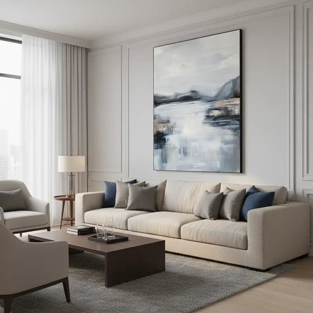 Modern living room with a beige sofa, coffee table, and abstract painting on the wall.