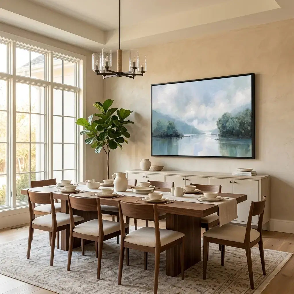Dining room with wooden table and chairs, large window, and wall art of a landscape.