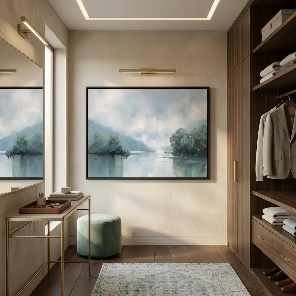 Modern interior with a painting of a landscape on the wall, wooden wardrobe, and vanity setup.