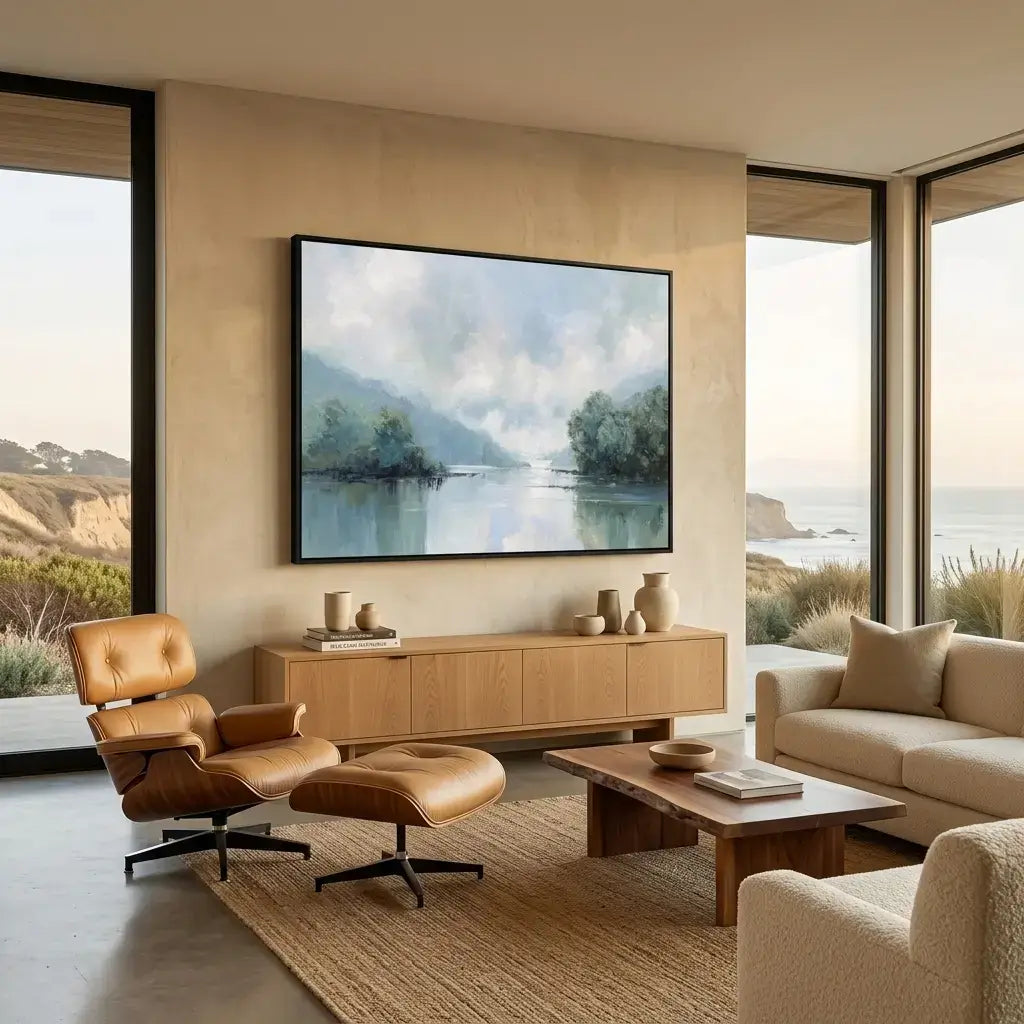 Modern living room with a large wall art, a brown leather chair, and a wooden coffee table.