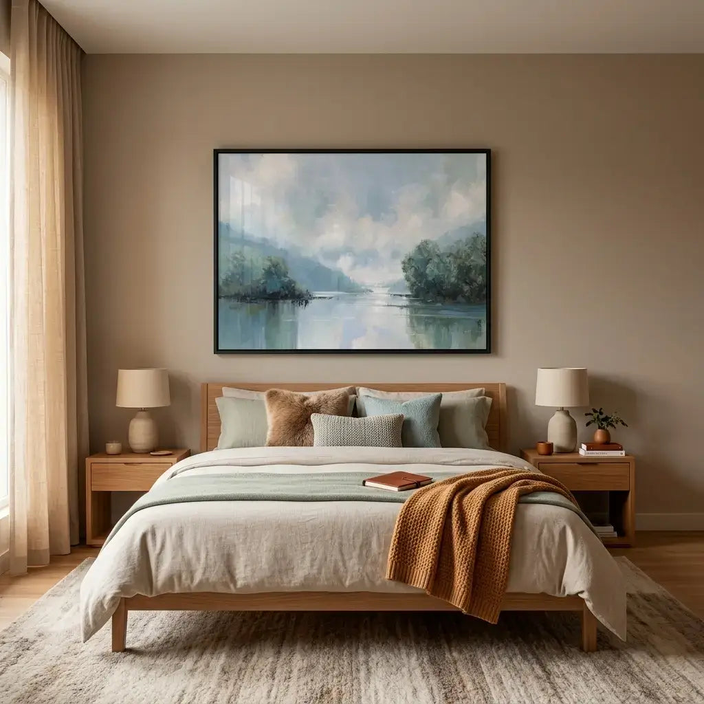 Bedroom with wooden bed, lamps, and a large landscape painting on the wall.