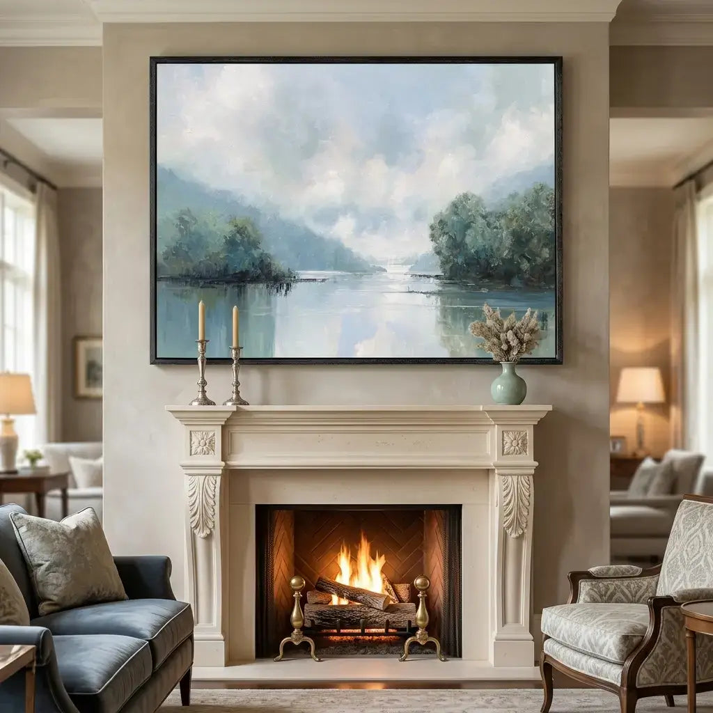 Living room with fireplace, painting of a lake, and decorative items.