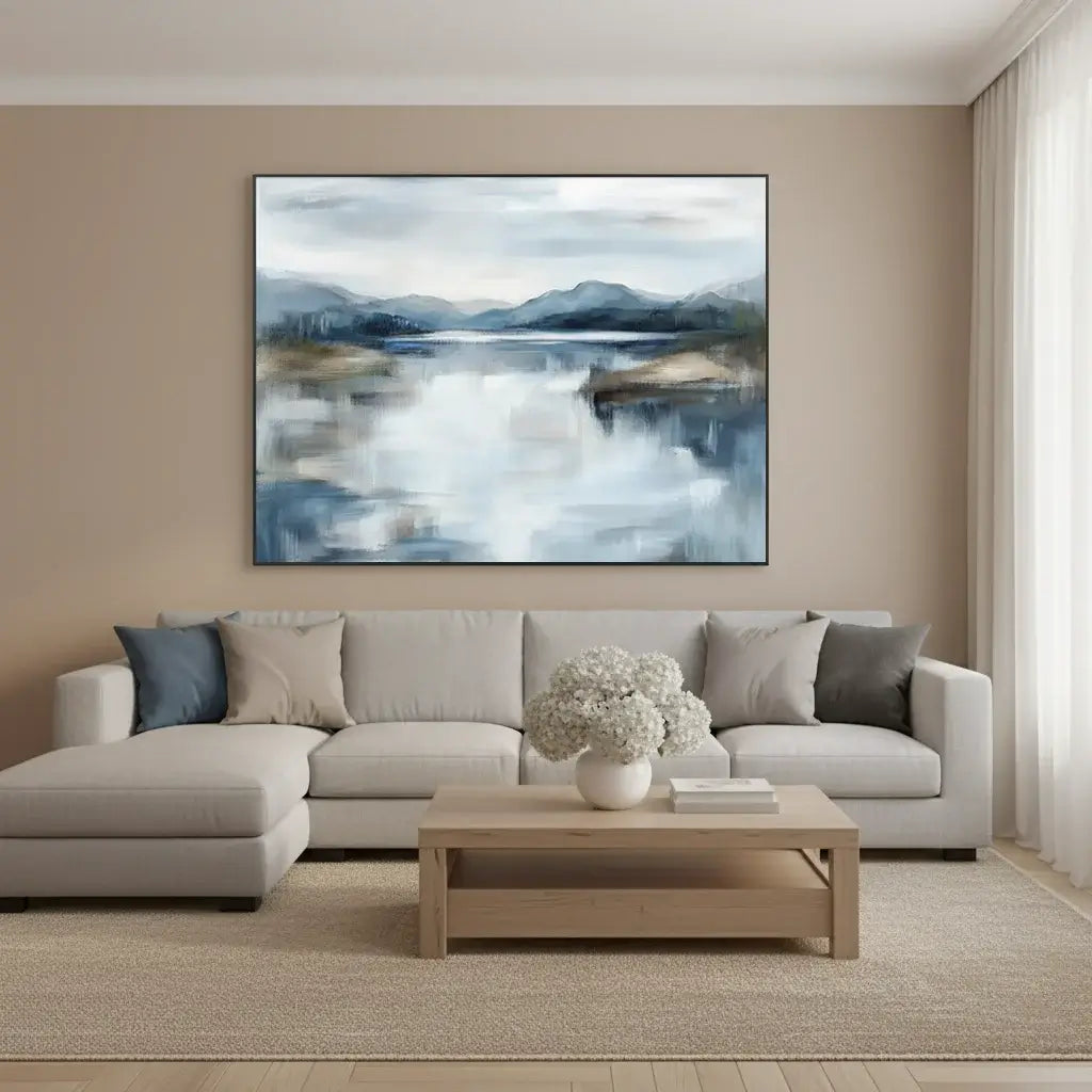 Modern living room with a sectional sofa, coffee table, and wall art of a landscape.