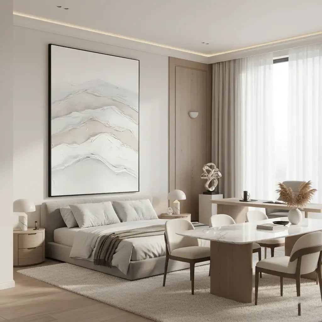 Modern living room with a sofa, dining table, and abstract artwork on the wall.