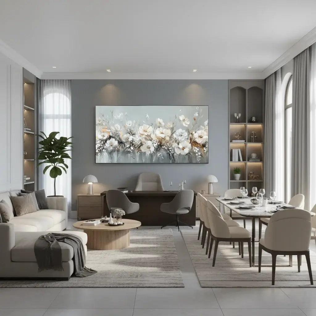 Modern living room with a floral painting on the wall, furniture, and decor.
