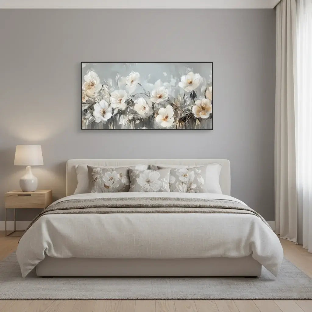 Modern bedroom with floral artwork on the wall