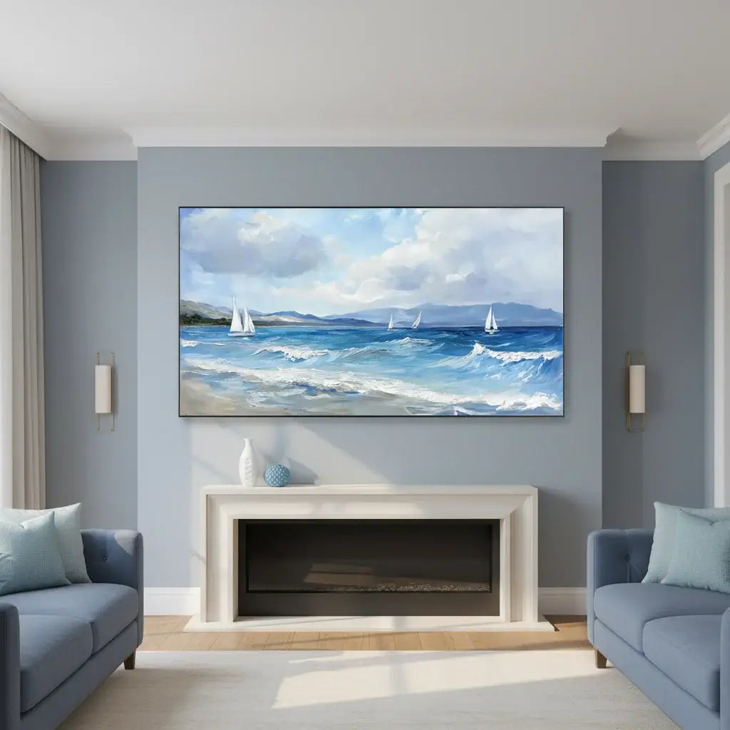 Living room with a large ocean scene oil painting, above a fireplace.