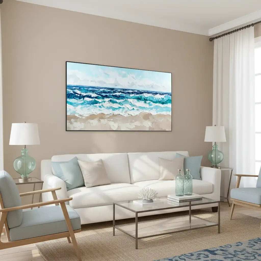Modern living room with a white sofa, chairs, and a large ocean scene oil painting.