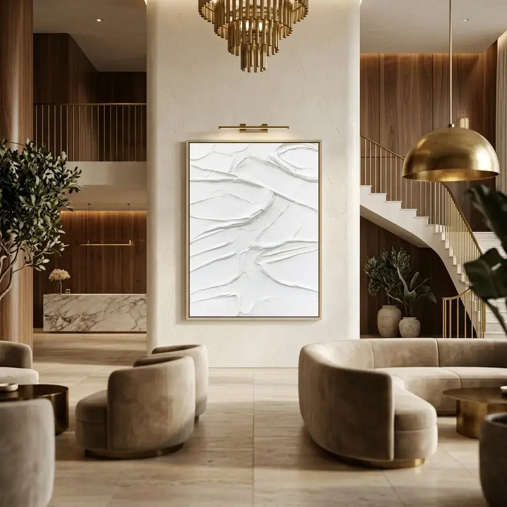 Modern interior design of a living room with abstract art, furniture, and decor.