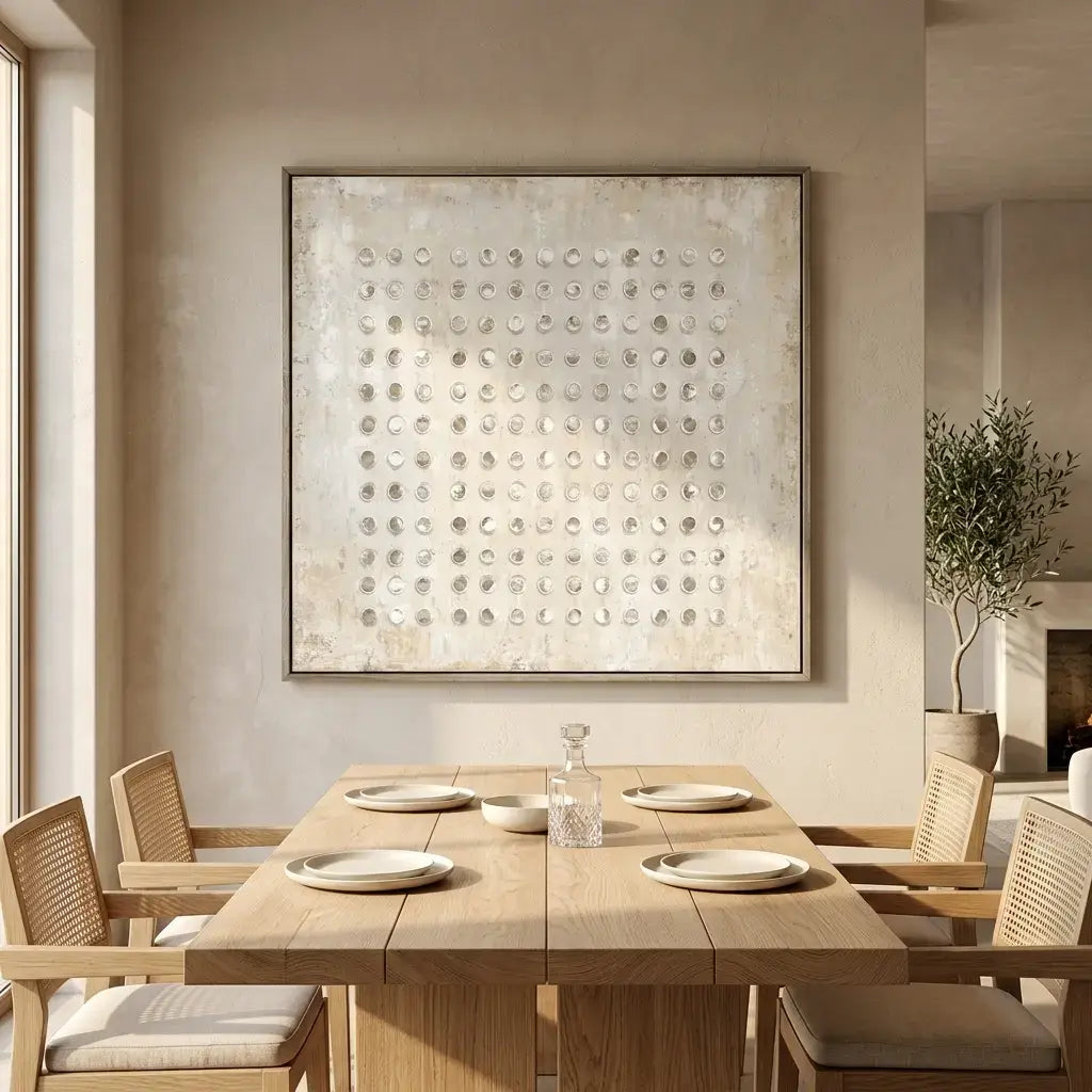 Dining room with wooden table and chairs, abstract art on the wall, and a plant.