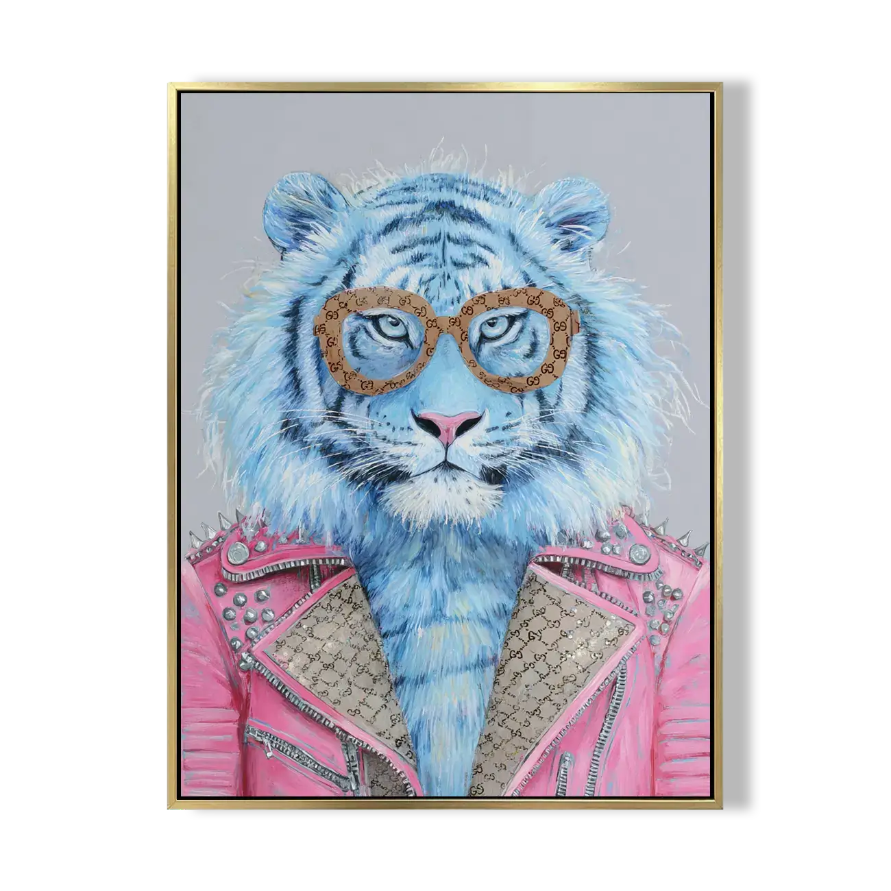 Blue tiger wearing glasses and a pink jacket on a gray background