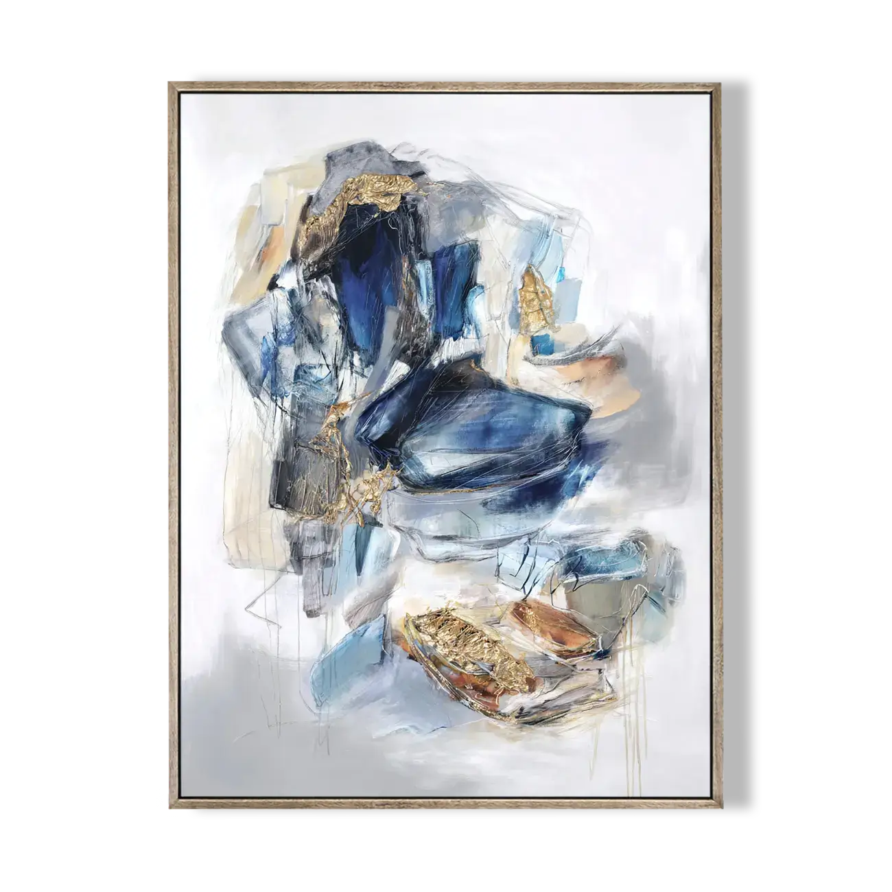 Abstract art piece with blue and gold tones in a gold frame on a white background