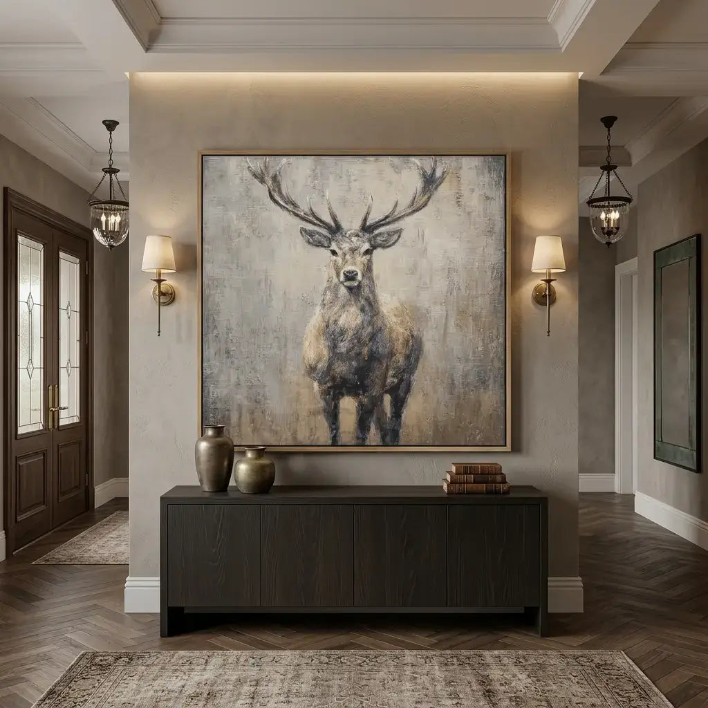 Foyer with a large framed painting of a deer on the wall, dark wooden console table, and decorative items.
