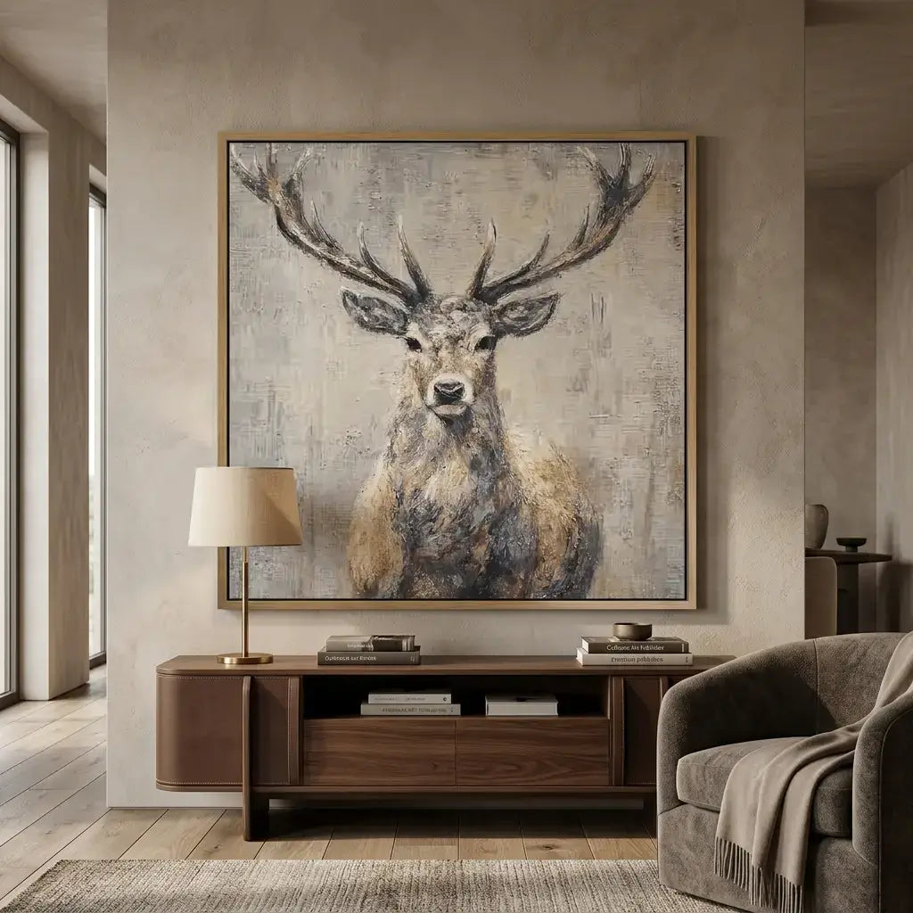 Living room with a large framed painting of a deer on the wall, a wooden console table, and a gray sofa.