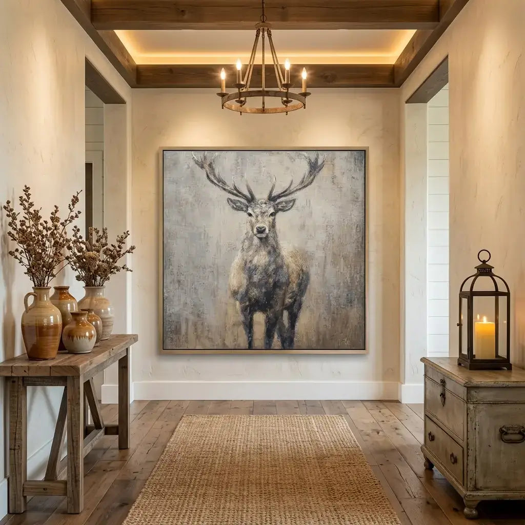 Decorative interior with a large framed painting of a deer, wooden furniture, and a chandelier.