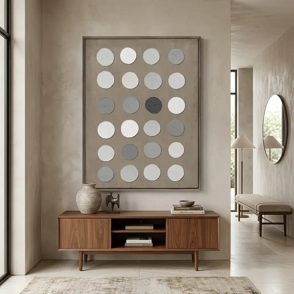 Modern living room with wooden console table, decorative wall art, and a bench.