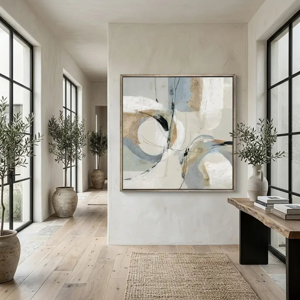 Modern interior with abstract art on the wall, plants, and a wooden console table.