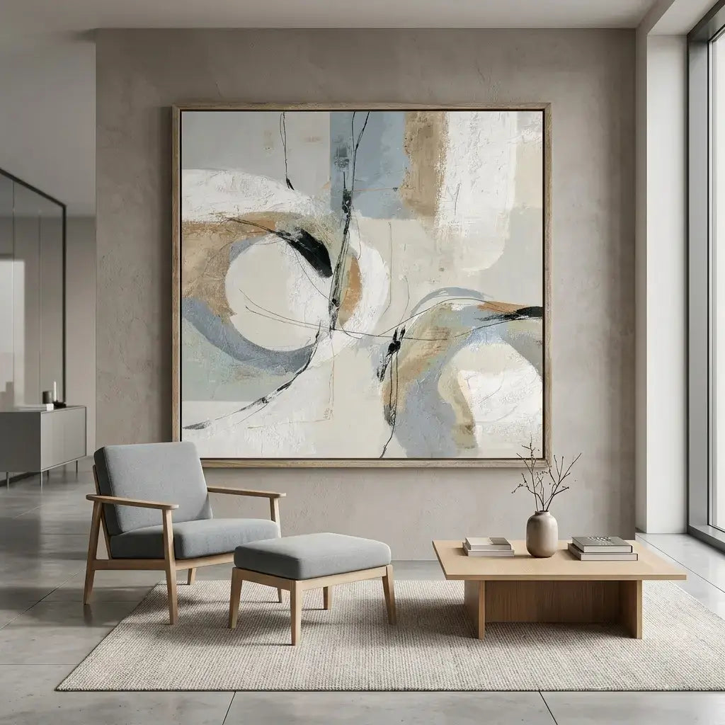 Modern living room with abstract art, chair, and coffee table.