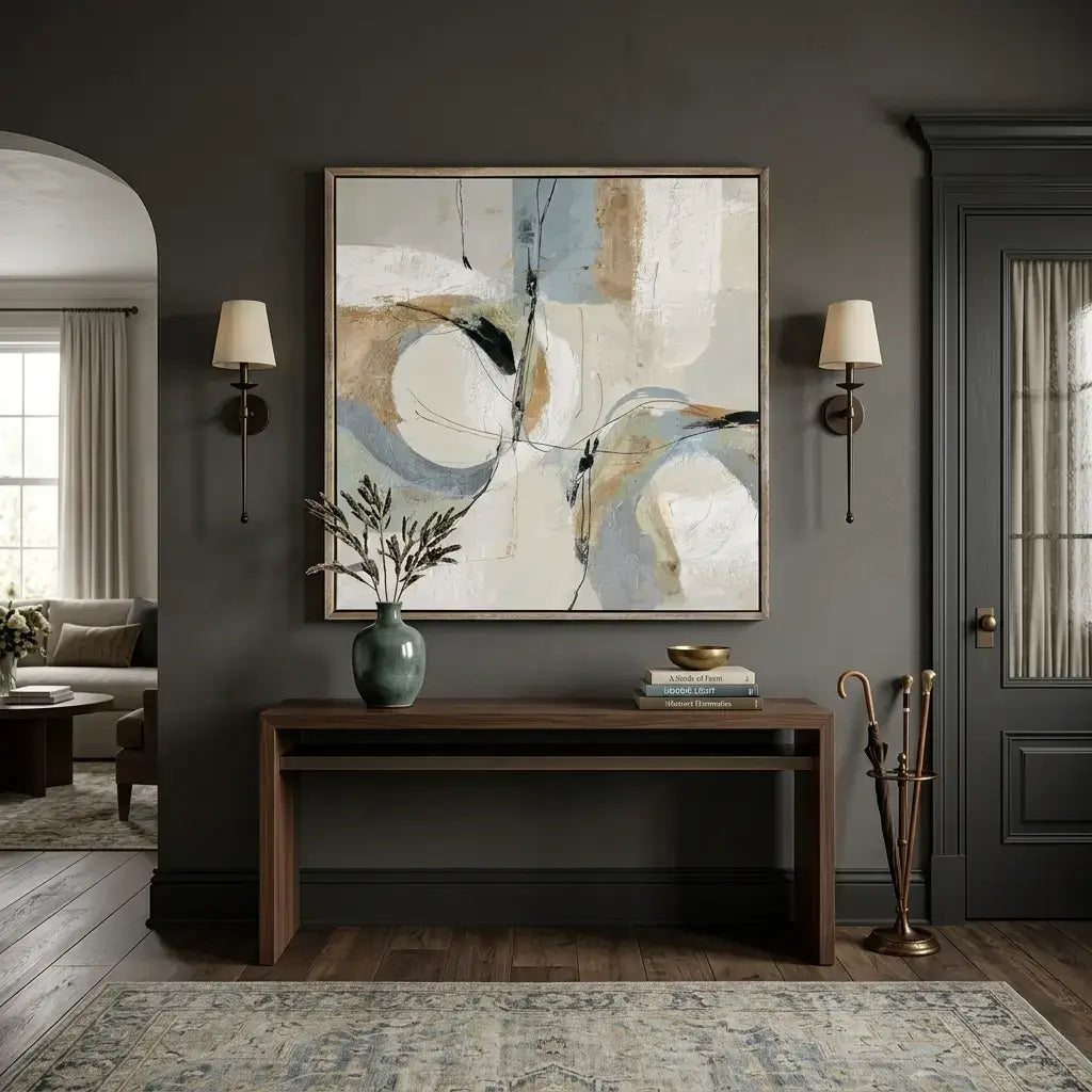 Living room with abstract art, console table, and decor items against a dark gray wall.