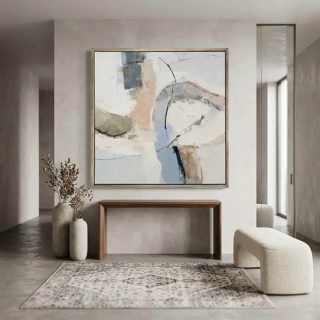 Modern interior with abstract art, console table, and rug.