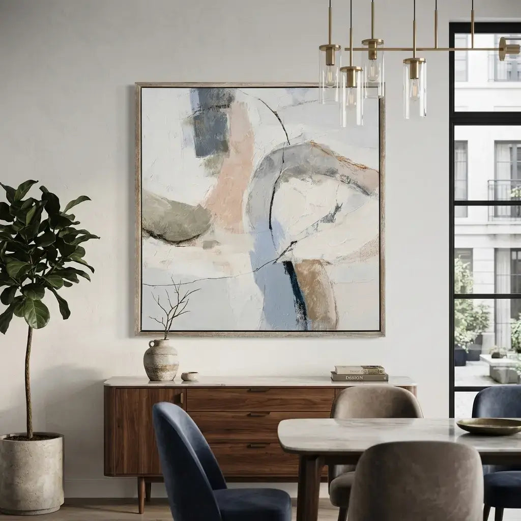 Modern dining room with abstract art, potted plant, and wooden furniture.