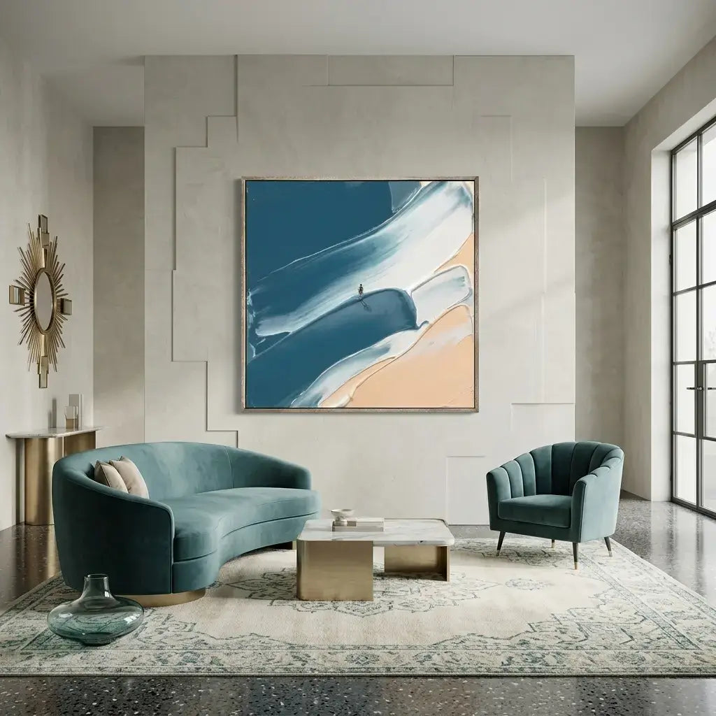 Modern living room with teal sofa and chair, abstract painting, and decorative elements.