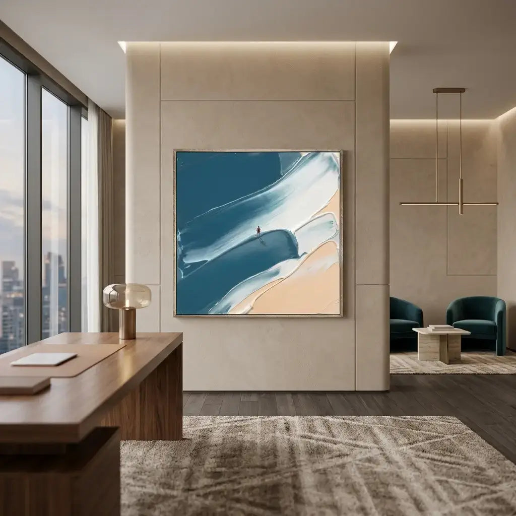 Modern office interior with a large abstract painting on the wall.