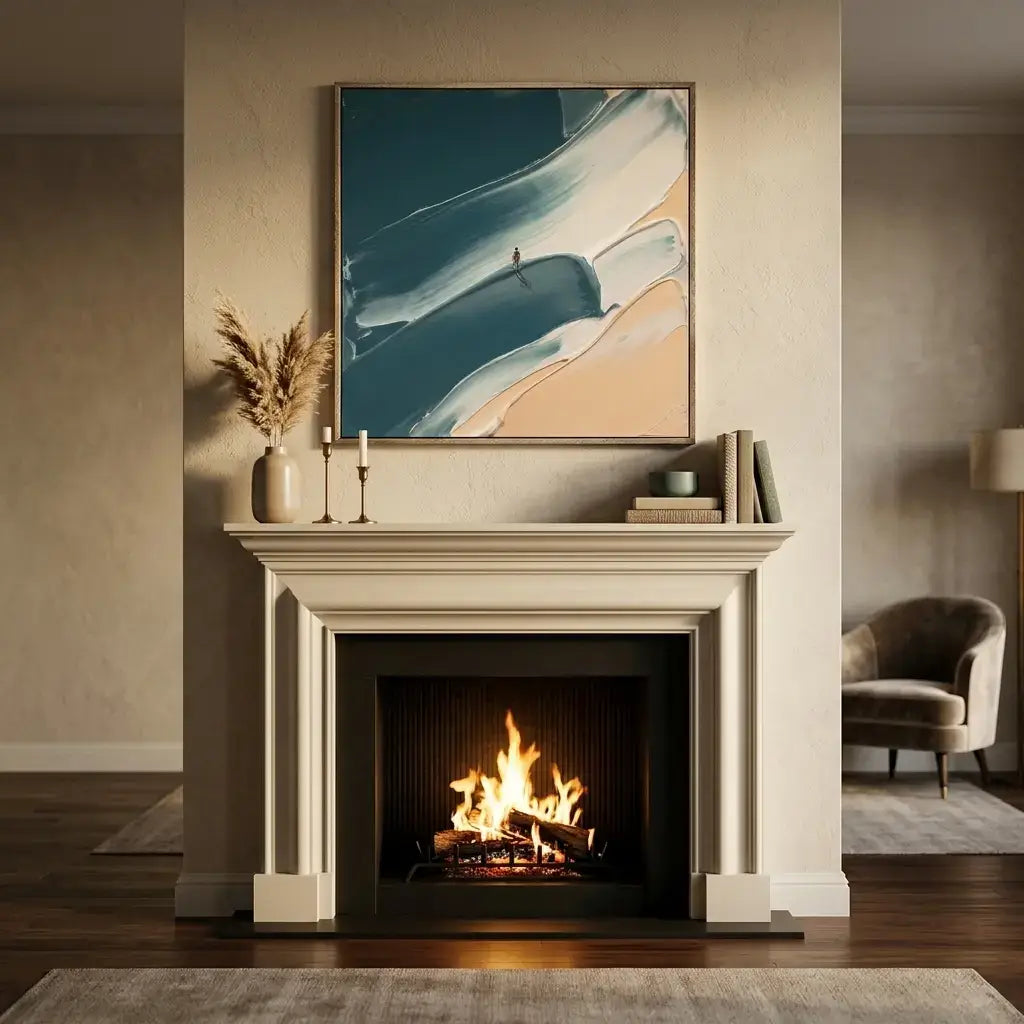 Fireplace with a painting above it in a cozy living room setting.