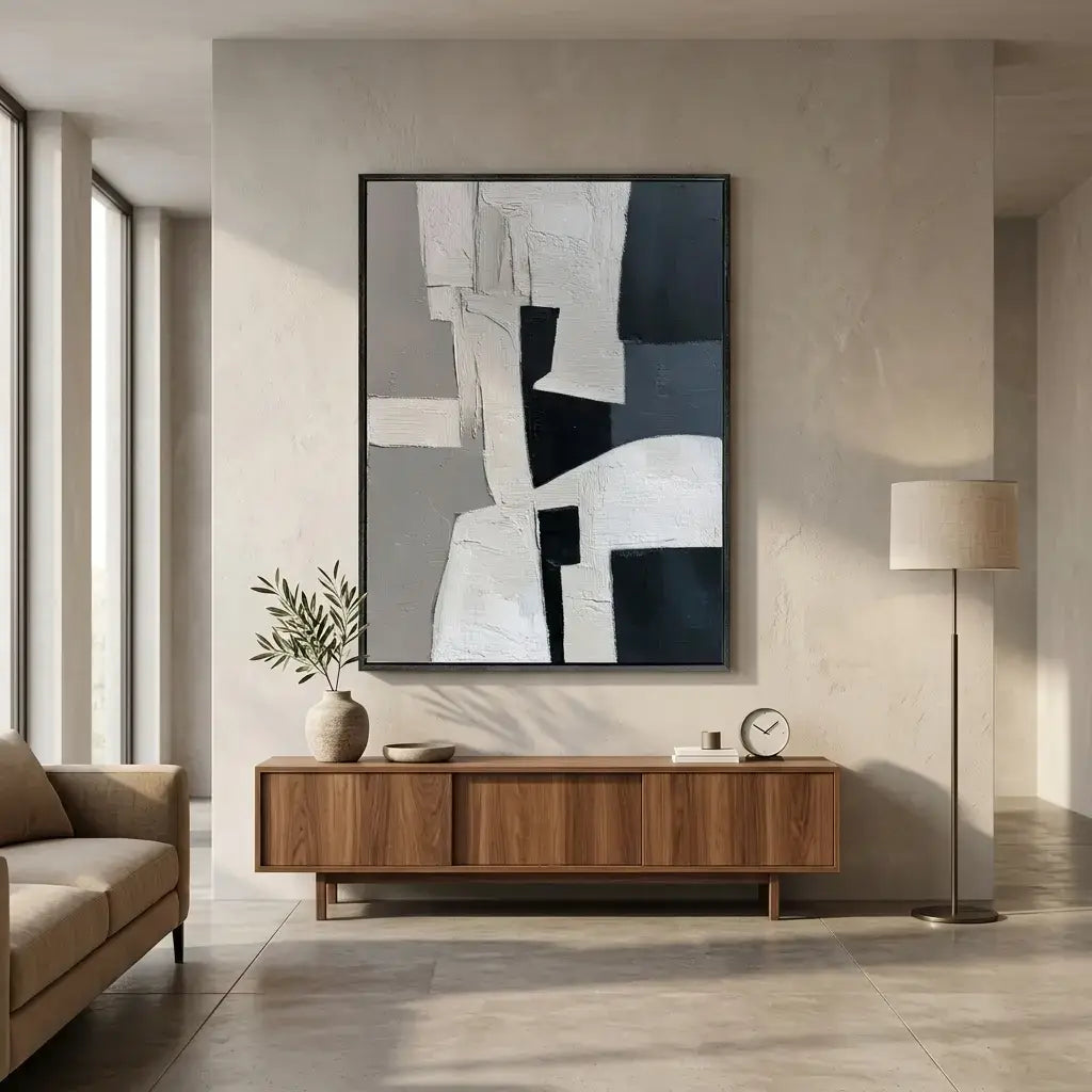 Modern living room with abstract art, wooden console table, and beige sofa.