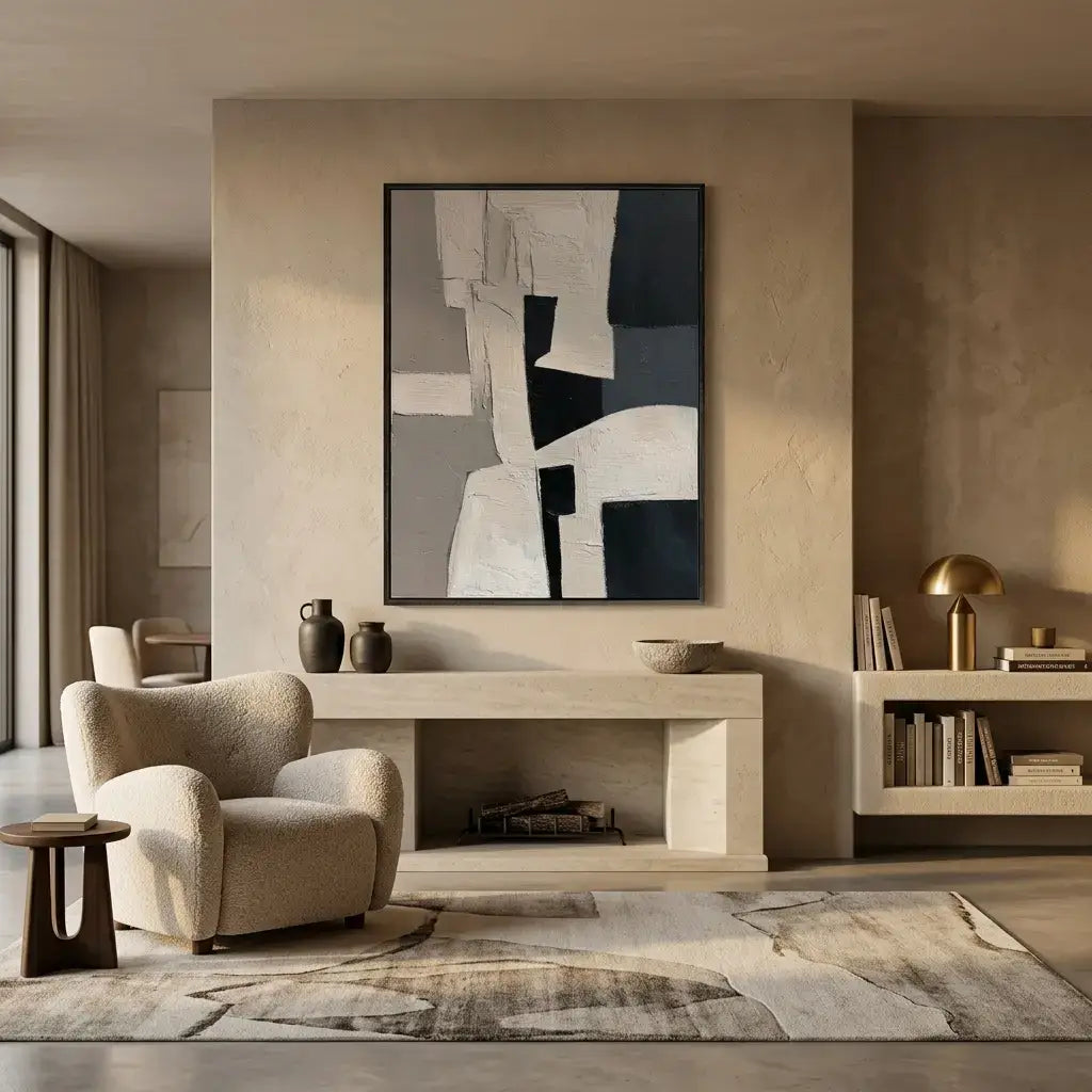 Modern living room with abstract art, armchair, and decorative items.
