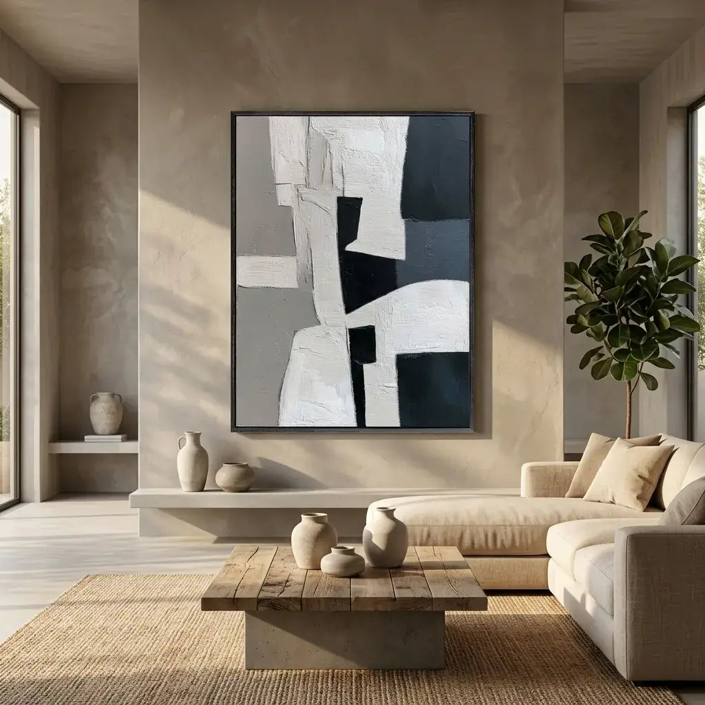 Modern living room with abstract art, sofa, and coffee table.