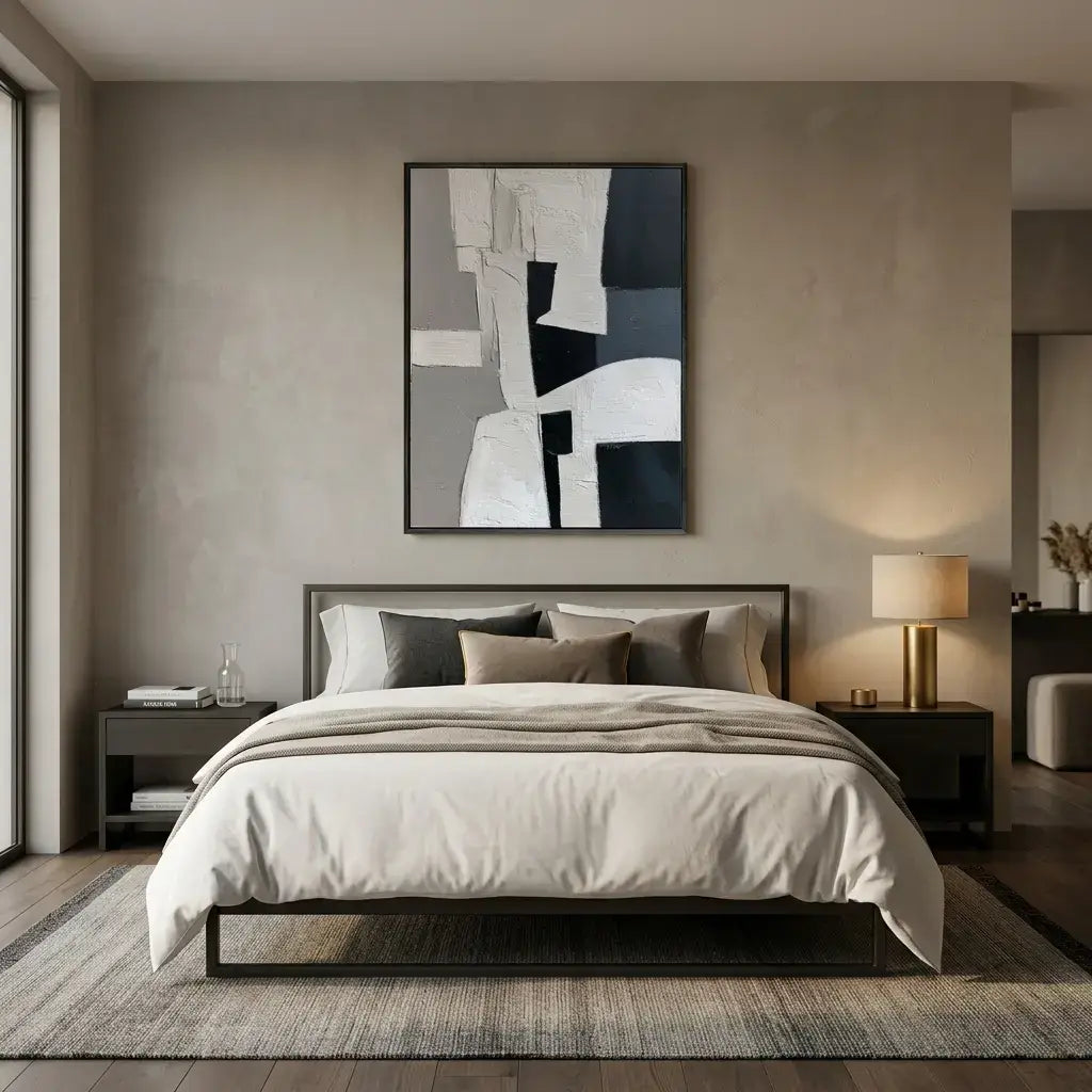 Modern bedroom with a bed, nightstands, and abstract art on the wall.