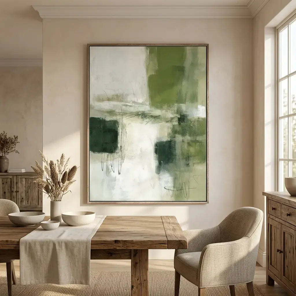 Dining room with a wooden table, chairs, and abstract art on the wall.