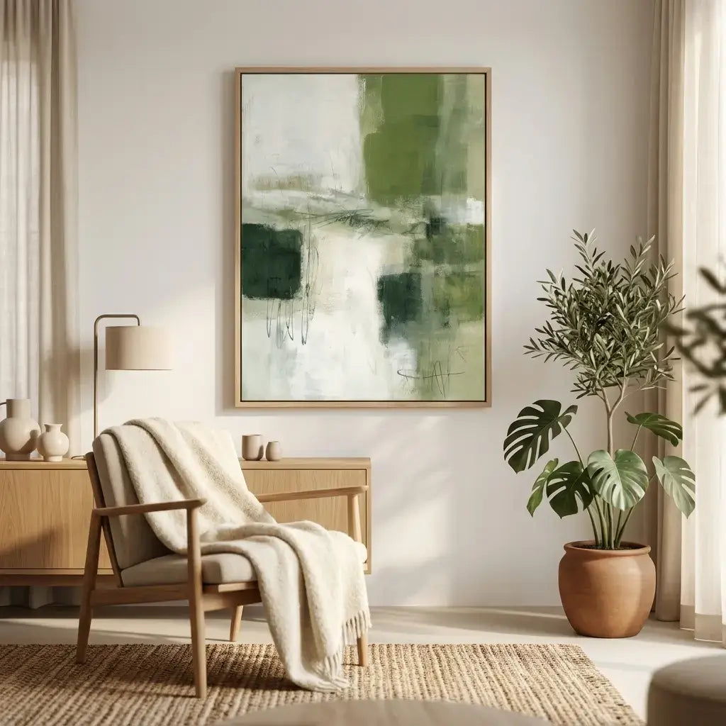 Living room with a chair, plant, and abstract painting on the wall.
