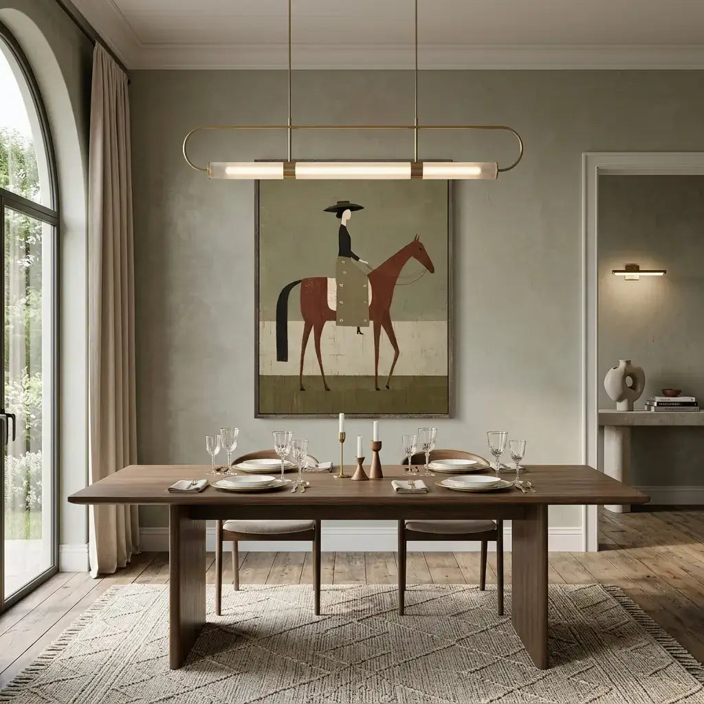 Dining room with wooden table, chairs, and a horse painting on the wall.