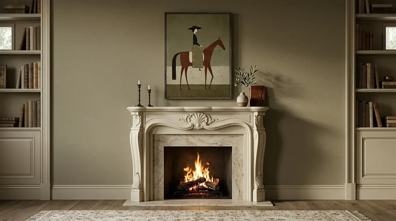 Fireplace with a mantel displaying a painting of a horse and rider, flanked by bookshelves.