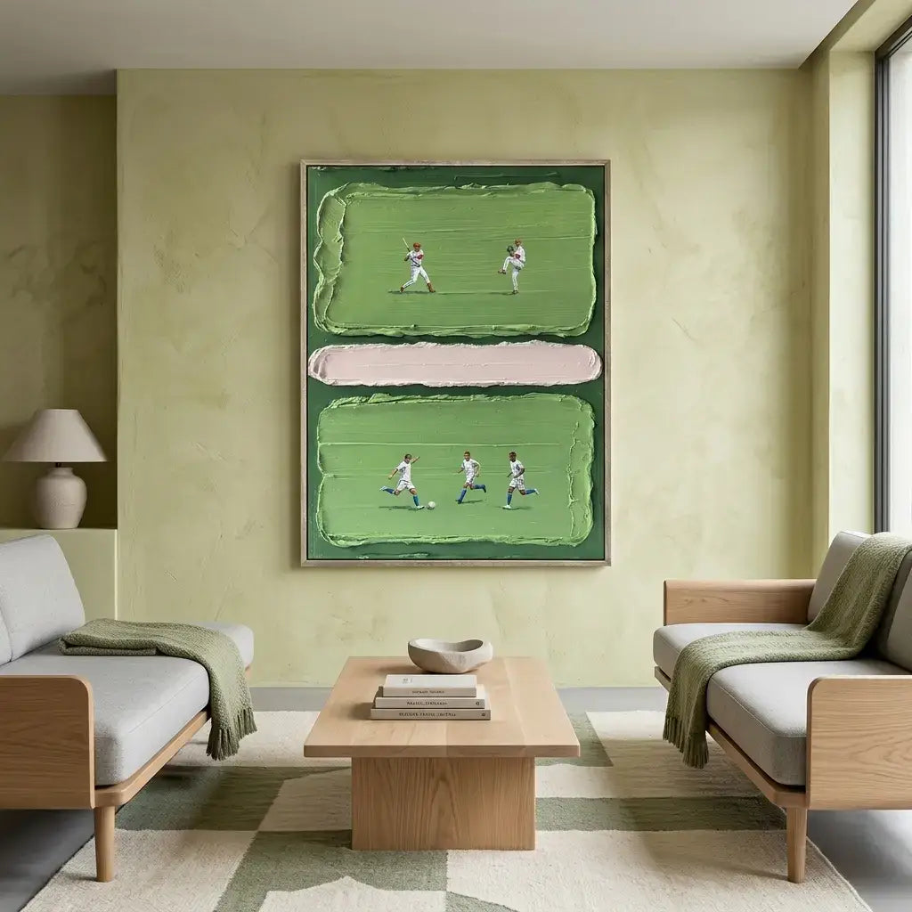 Living room with a green abstract painting of a sports scene on a yellow wall.