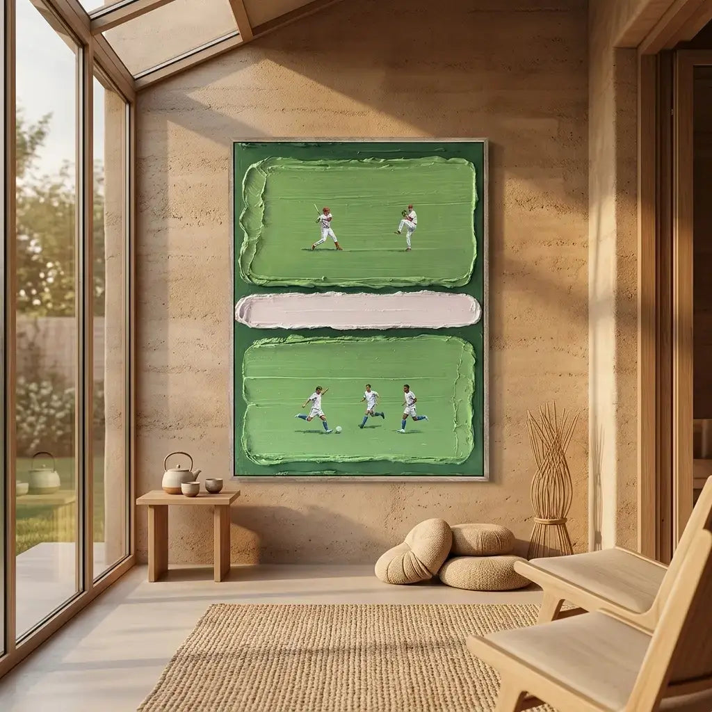 Room interior with a large framed painting of a sports scene on a wall.