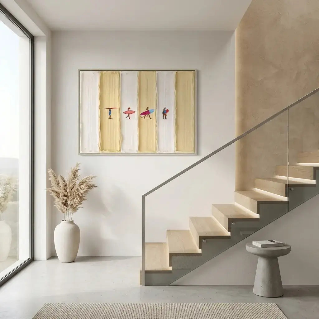 Modern interior with a staircase, framed artwork, and decorative elements.