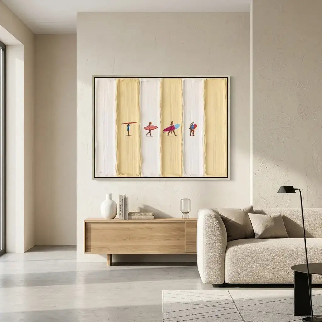 Modern living room with a sofa, coffee table, and wall art.
