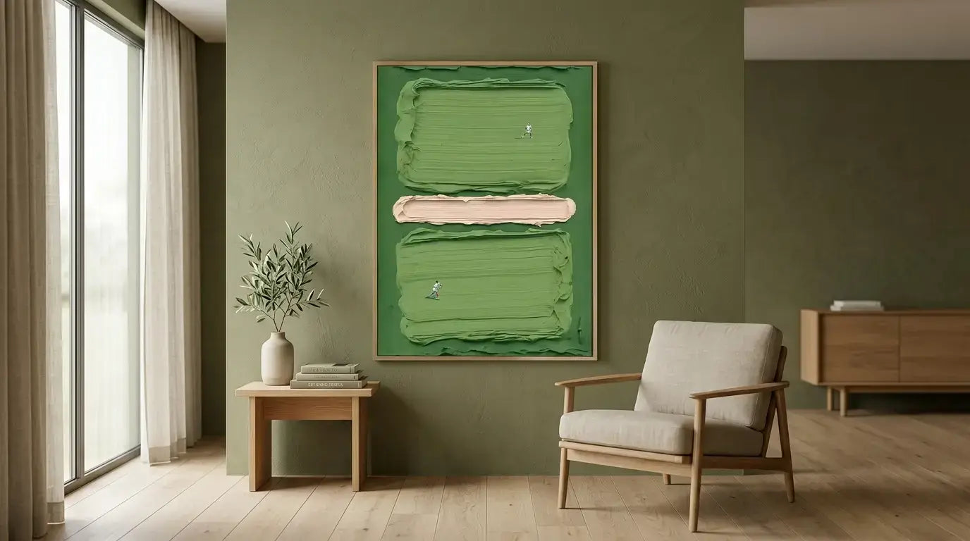 Modern interior with a green abstract painting on a wall, a chair, and a side table.