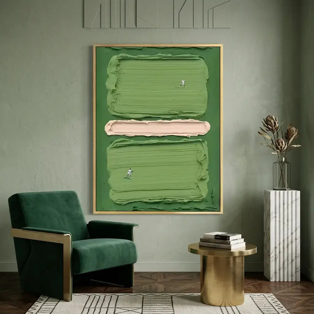 Modern interior with a green armchair, abstract painting, and gold side table.