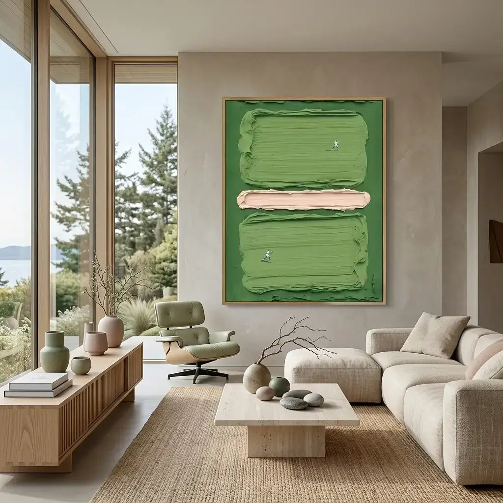 Modern living room with a large abstract green painting on the wall.