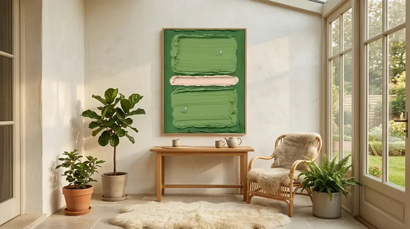 Living room with a green abstract painting on the wall, wicker chair, and potted plants.